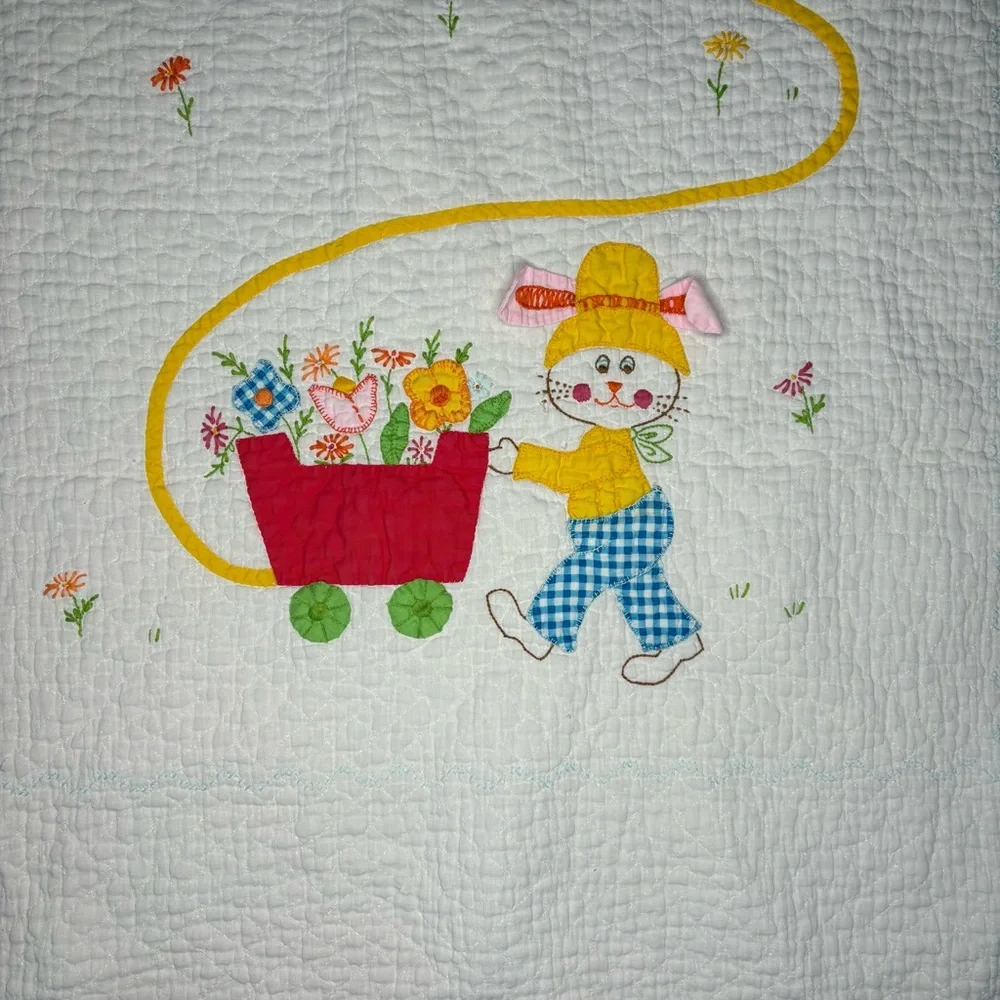 Vintage‎ Bunny Rabbit Baby Blanket Crib Hand Embroidered 55.5x34 3D Ears Easter